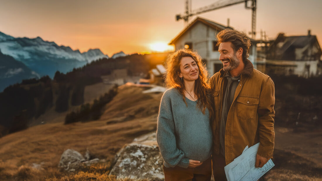 Homme et femme devant un coucher de soleil