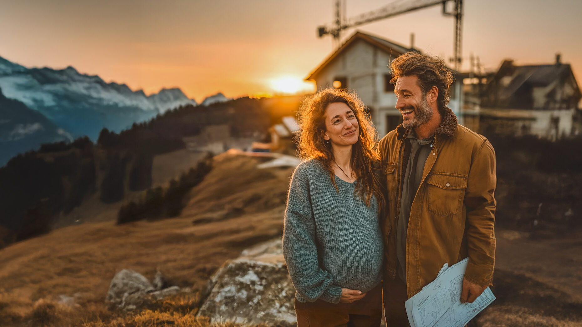 Homme et femme devant un coucher de soleil